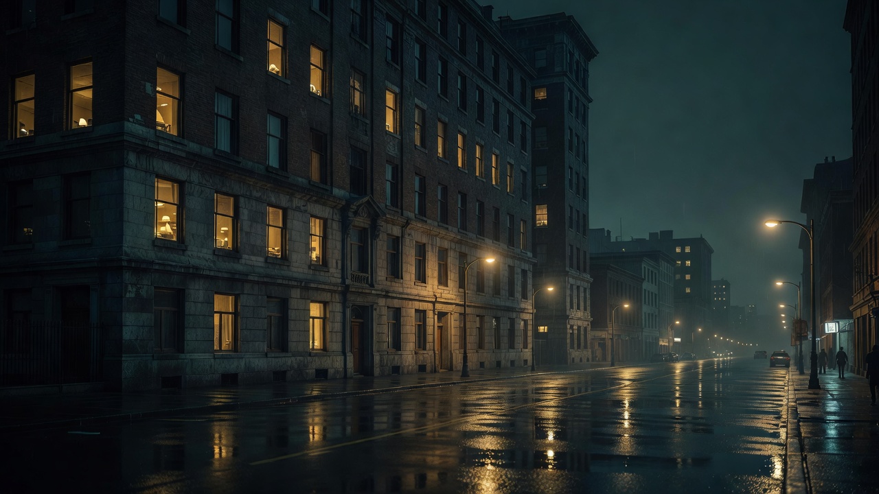 夜色中的城市街道与旧式办公楼窗景，画面安静克制，呼应悬疑剧的慢热氛围
